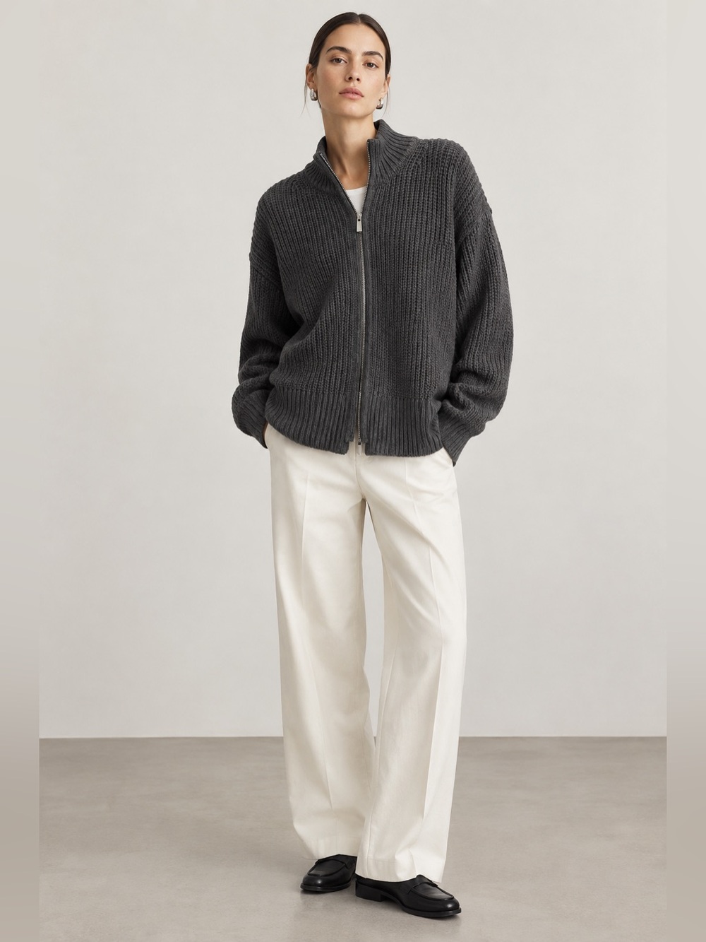 St. Agni Small Gray Cotton Zip Cardigan Sweater Chunky Knit Fisherman